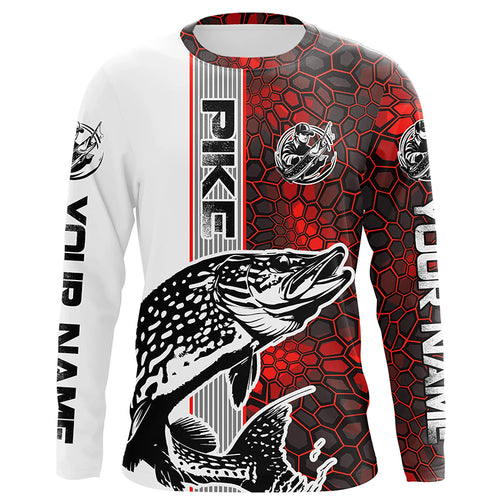 Pike Fishing Red Camo Long Sleeve Fishing Shirts With Custom Name, Pike 3D Fishing Shirts Jerseys IPHW6621