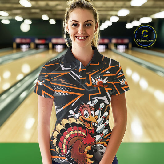 Custom Funny Turkey Bowling Jerseys, Orange Thanksgiving Bowling Team Women Polo Shirt IPHW9723