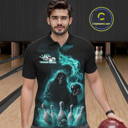 Custom Turquoise Blue Flame Grim Reaper Bowling Men Polo Shirts, Halloween Bowler Outfit IPHW9736