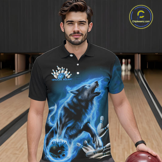 Custom Blue Fire Flaming Wolf Bowling Polo Shirts For Men, Wolf Bowling Tournament Shirt IPHW8429