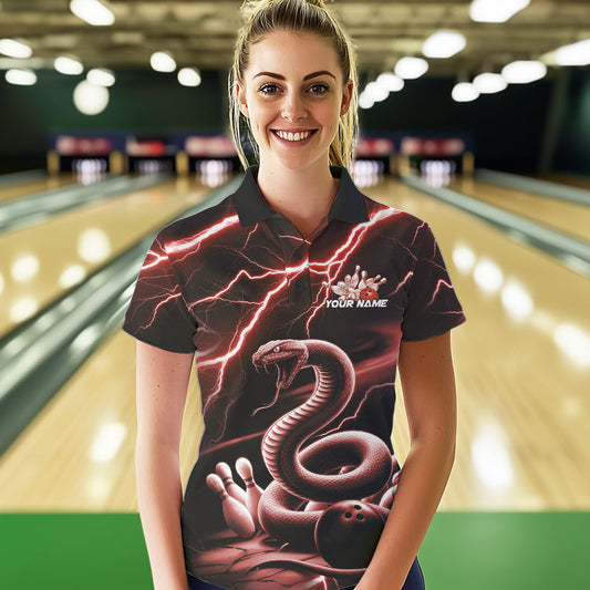 Custom Black And Red Thunder Lightning Snake Bowling Polo Shirts For Women, Team Outfits IPHW8649