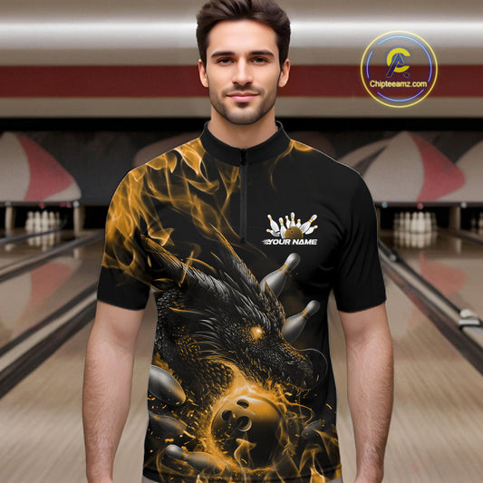 Custom Black And Gold Flame Dragon Bowling Men Quarter-Zip Shirt, Dragon Bowling League Shirt IPHW10274