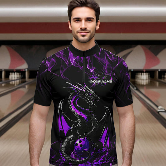 Custom Black And Purple Flame Dragon Bowling Team Quarter-Zip Shirts For Men, Bowling League Shirt IPHW8654
