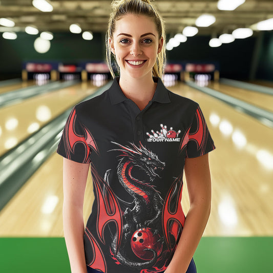 Custom Black And Red Flame Dragon Bowling Tournament Womens Polo Shirts, Bowlers Outfits IPHW8656