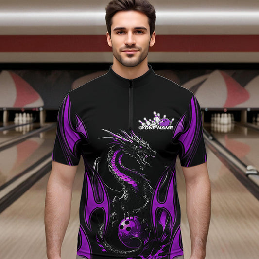 Custom Black And Purple Flame Dragon Bowling Tournament Quarter-Zip Shirts For Men, Bowlers Outfits IPHW8657