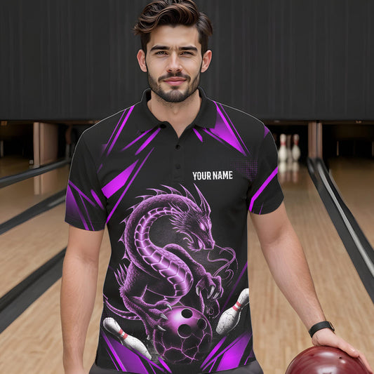 Custom Black And Purple Dragon Bowling Polo Shirts For Men, Dragon Bowling League Shirt IPHW8673