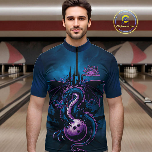 Custom Blue And Purple Dragon Bowling Quarter-Zip Shirts For Men, Dragon League Team Shirt IPHW9533