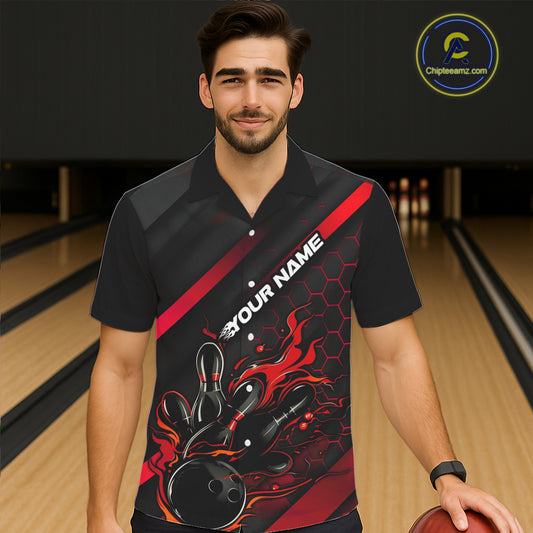 Custom Black And Red Flame Bowling Men Hawaiian Shirts, Bowling Team Bowling League Shirts IPHW7210