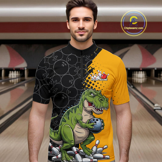 Custom Funny Dinosaur Bowling Quarter-Zip Shirt For Men, Dinosaur Bowling Team Jerseys IPHW9928