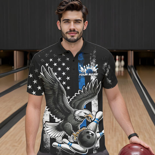 Custom Blue Line American Flag Eagle Bowling Men Polo Shirt, Patriotic US Bowling Shirt IPHW8941