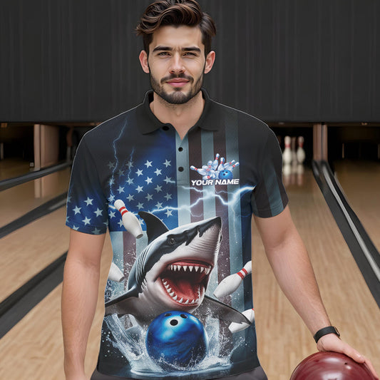 Custom American Flag Shark Bowling Men Polo Shirt, Patriotic Shark Bowling Jerseys IPHW8944