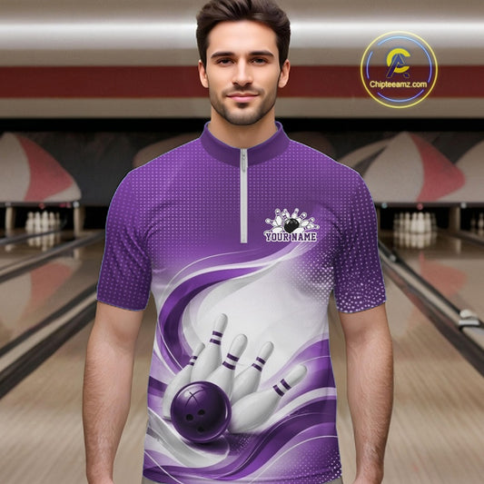 Male model wearing a white and purple bowling quarter-zip shirt featuring flowing abstract artwork and a bowling ball knocking down pins