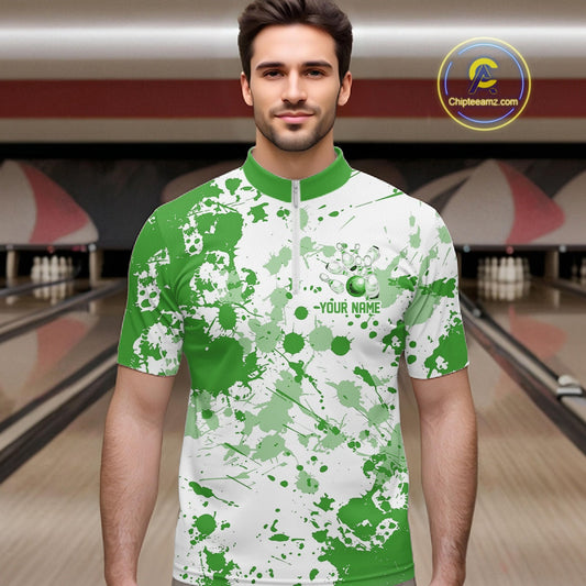 Custom Green Splatter Bowling Team League Shirts For Men, Bowling Jerseys Bowler Outfit IPHW10594