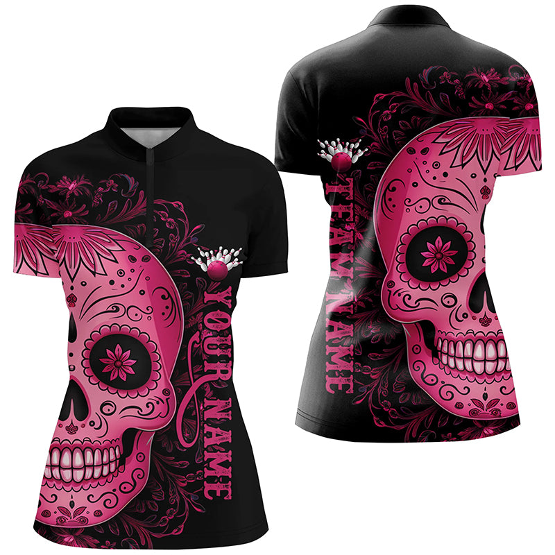 Pink Sugar Skull Tattoo Custom Ladies Team Bowling Polo Shirts, Halloween Team Bowling Jerseys IPHW6713