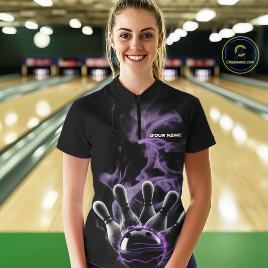 Custom Purple Smoke Bowling Quarter-Zip Team Shirts For Women, Flame Bowling League Shirt IPHW9563