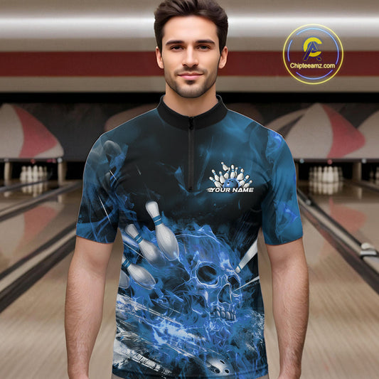 Custom Blue Fire Flame Skull Bowling Quarter-Zip Shirts For Men, Halloween Bowling Outfits IPHW9576