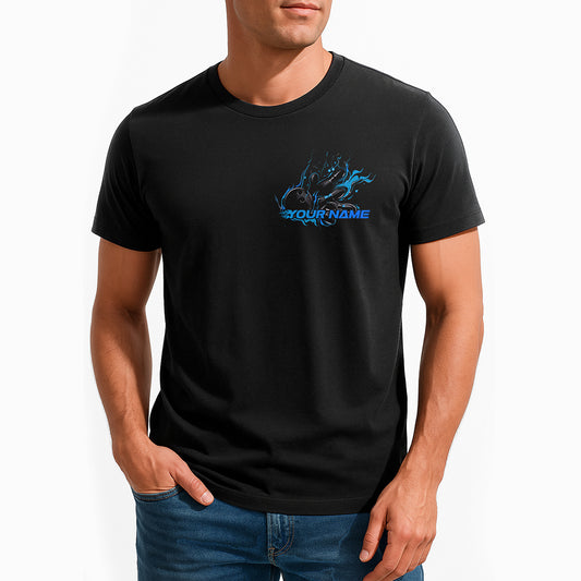 Custom Black And Blue Flame Strike Bowling T-Shirts For Men, Team Uniform IPHW9055