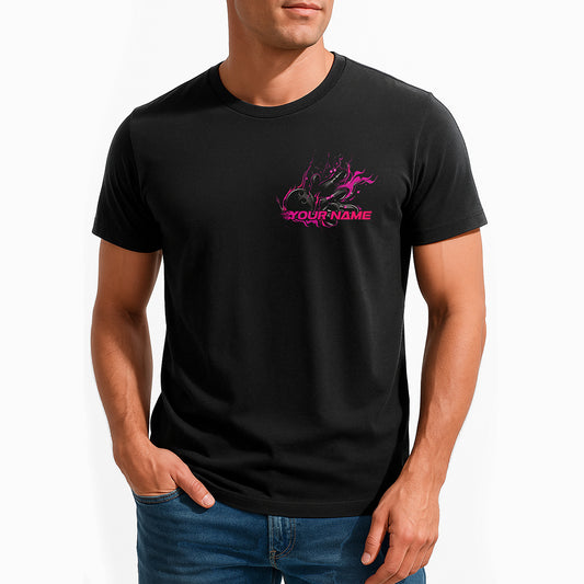 Custom Black And Pink Flame Strike Bowling T-Shirts For Men, Team Outfit IPHW9056