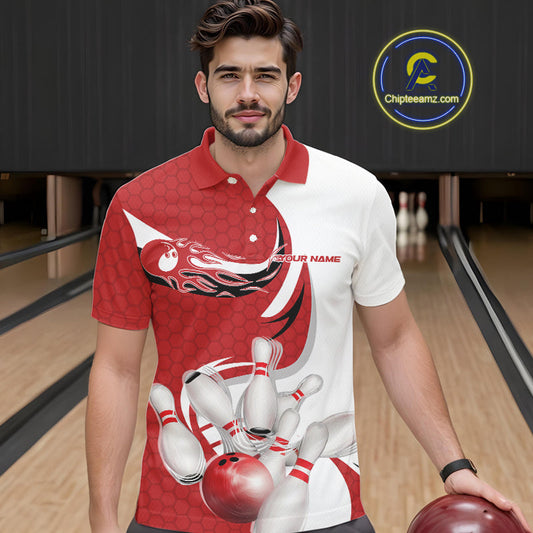 Custom White And Red Bowling Polo Shirts For Men, Flame Bowling Team Shirt IPHW9240