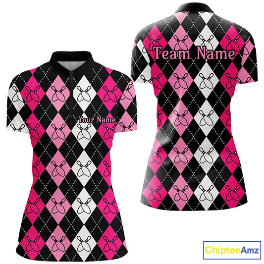 Pink Argyle Pattern Bowling Shirts For Women, Custom Bowling Uniforms IPHW7305