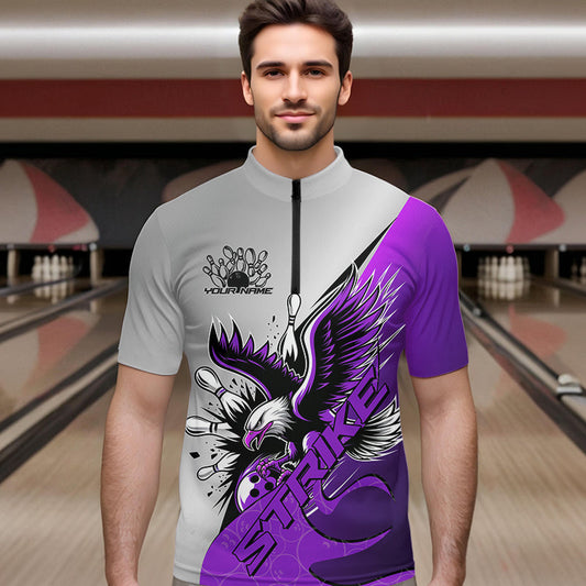 Custom Purple Eagle Bowling Team Men Quarter-Zip Shirts, Eagle Bowling League Shirt Bowlers Outfit IPHW8756