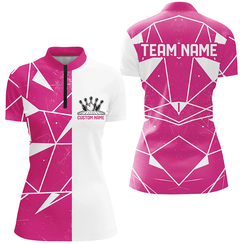 Pink Geometric Custom Ladies Bowling Team Shirts, Bowling Jerseys For Bowlers IPHW6265