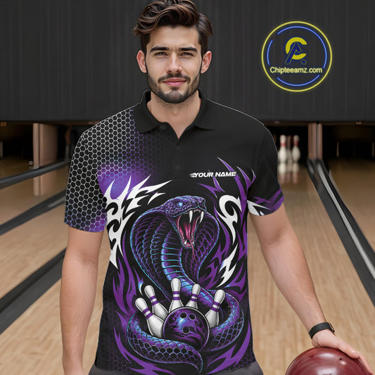 Custom Black And Purple Tribal Cobra Snake Bowling Jerseys Bowling Men Polo Shirt IPHW11712