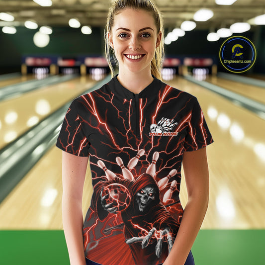 Custom Red Lightning Grim Reaper Bowling Women Quarter-Zip Shirt, Halloween Outfit IPHW9806