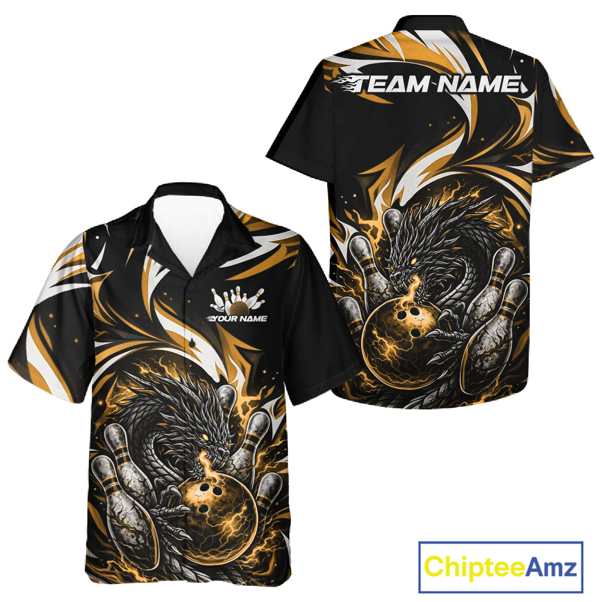 Custom Gold Lightning Dragon Bowling Men And Women Hawaiian Shirts, Dragon Bowling League Shirt IPHW10357