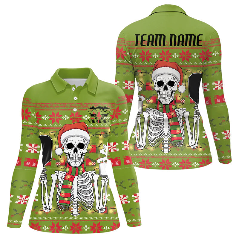 Funny Custom Ugly Sweater Pattern Skull Christmas Ladies Pickleball Long Sleeve Polo Shirts IPHW8086