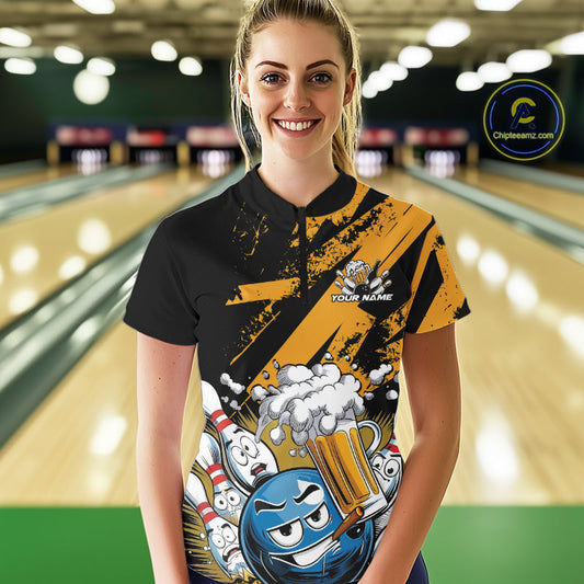 Custom Funny Cool Bowling Ball Bowling And Beer Women Quarter-Zip Shirt, Bowling Uniform IPHW9611