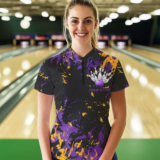 Black, Purple And Yellow Custom Bowling Women Quarter-Zip Shirts, Bowling Team Jerseys IPHW8797