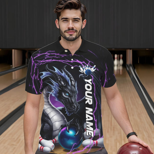 Blue And Purple Thunder Lightning Custom Dragon Bowling Team Polo Shirts For Men IPHW8317