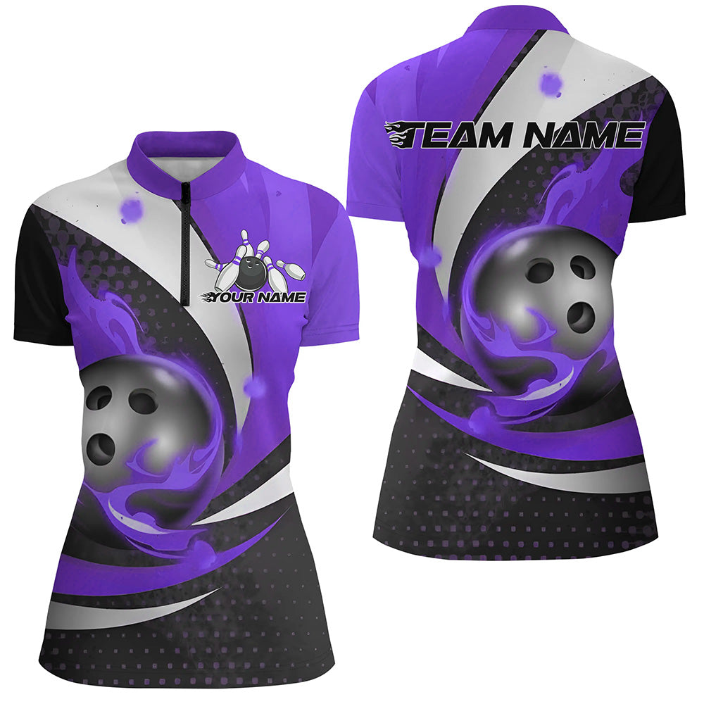 Black And Purple Flame Custom Ladies Bowling Shirts, Bowling League Shirts Bowler Outfits IPHW7669