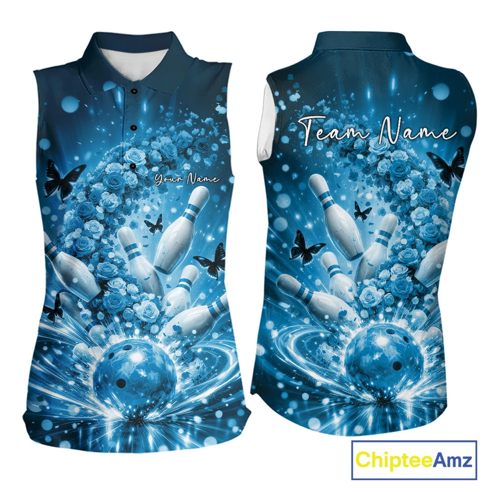 Custom Blue Roses And Butterfly Women Bowling Shirt, Flower Ladies Bowling Jerseys IPHW10894