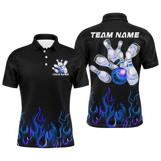 Custom Blue Flame Bowling Shirts For Men, Personalized Bowling Team Shirts IPHW7378