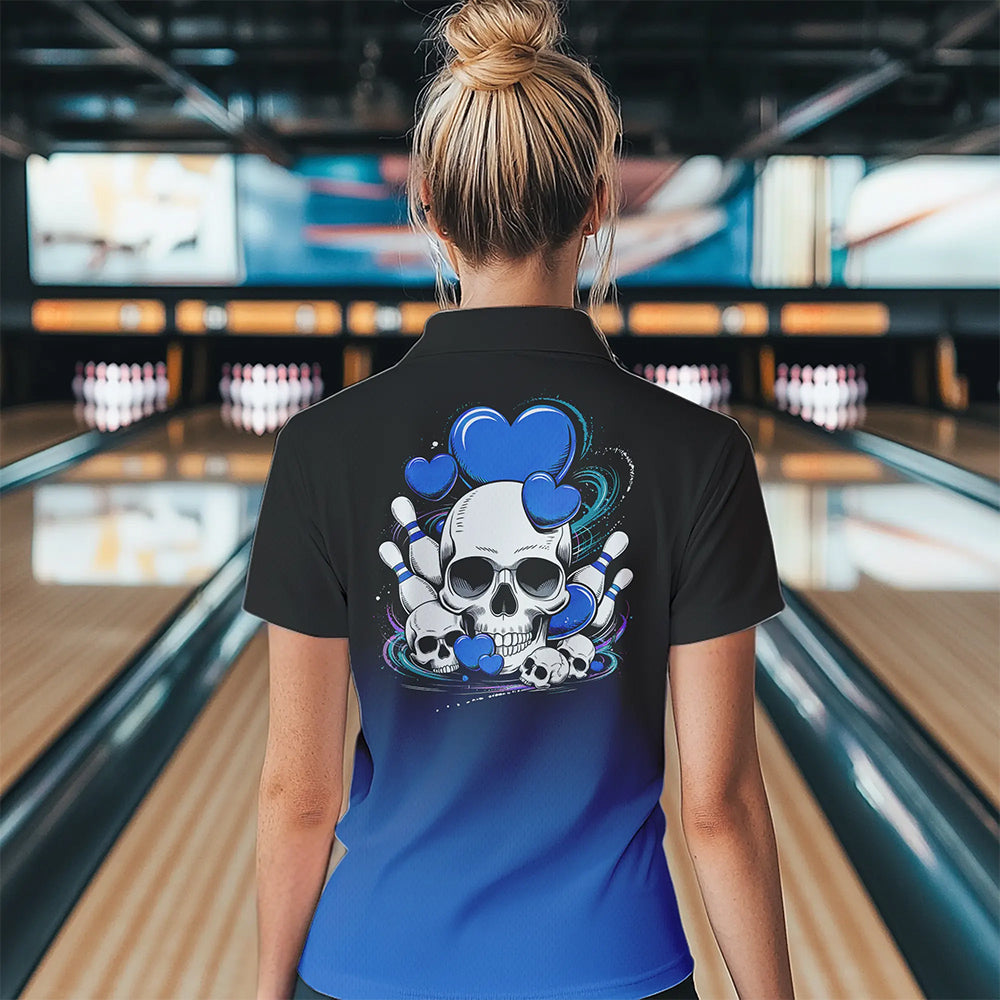 Custom Black And Blue Skull Valentines Day Couple Bowling Quarter-Zip Shirts For Women IPHW8343