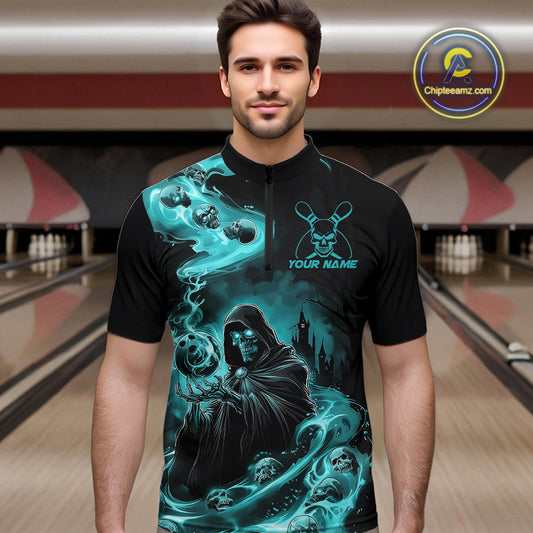 Custom Grim Reaper Bowling Quarter-Zip Shirts For Men, Teal Blue Flame Skull Halloween Design IPHW9082