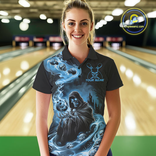 Custom Grim Reaper Bowling Polo Shirts For Women, Mid Blue Flame Skull Halloween Design IPHW9083