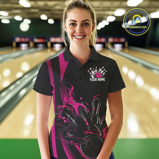 Custom Pink Flame Bowling Polo Shirts For Women, Striking Fire Jerseys Team Uniform IPHW9086