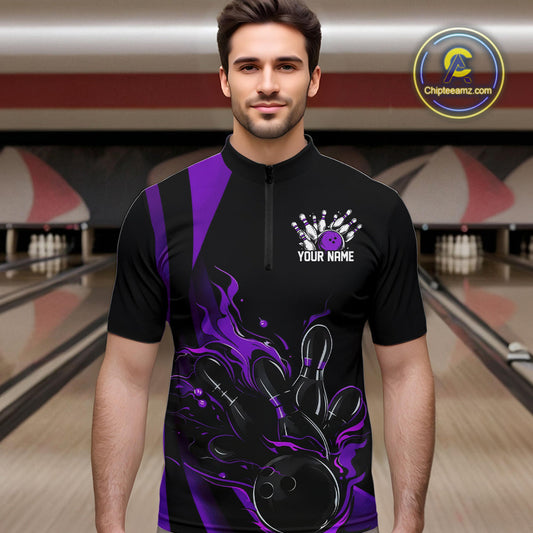 Custom Purple Flame Bowling Quarter-Zip Shirts For Men, Striking Fire Jerseys Team Uniform IPHW9087