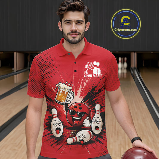 A man wearing a red bowling-themed short-sleeve polo shirt with cartoon bowling pins, bowling balls, and a beer glass graphic, standing in a bowling alley.