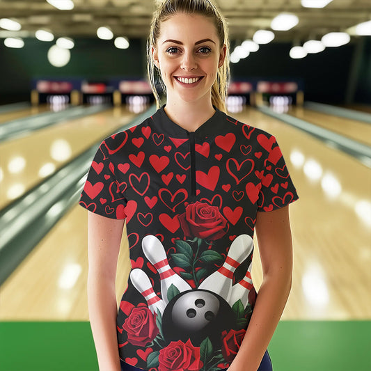 Black And Red Heart Custom Valentines Bowling Quarter-Zip Shirt For Women, Couple Bowling IPHW8356