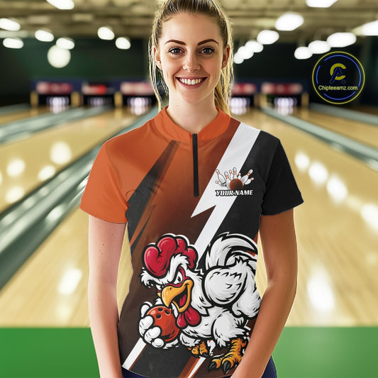 Custom Orange Funny Bold Confident Chicken Bowling Shirt For Women, Bowling Jerseys IPHW11625