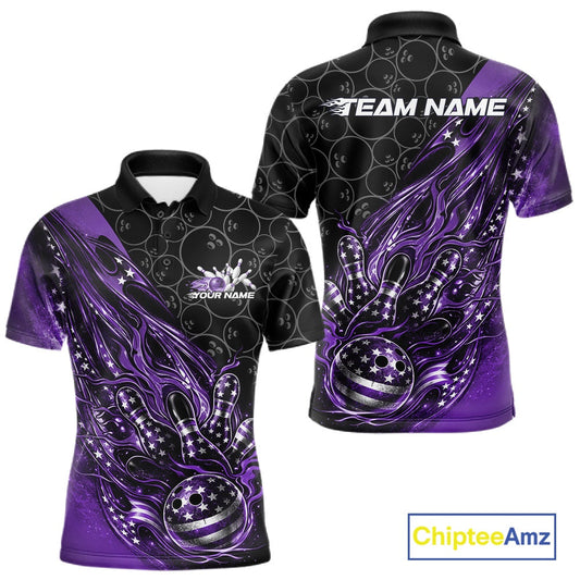 Custom Patriotic Purple Flame Bowling Shirts, US Flag Bowling Team Jerseys Freedom 4Th Of July Bowling Shirt IPHW10430