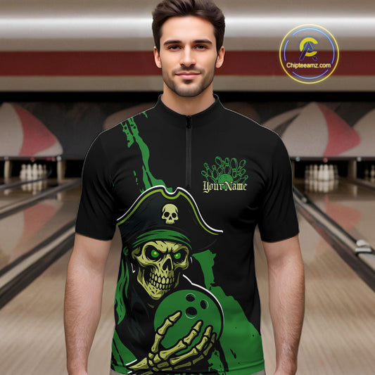 Custom Black And Green Pirate Bowling Men Quarter-Zip Shirt, Pirate Bowling Team Jerseys IPHW10711