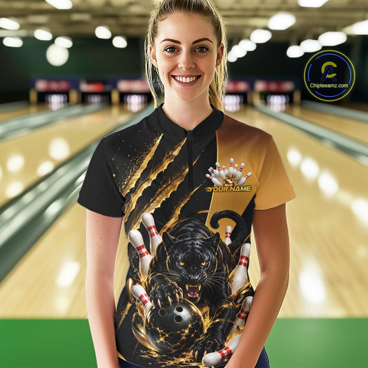 Custom Black And Gold Claw Marks Black Panther Women Bowling Quarter-Zip Team Shirt IPHW11631