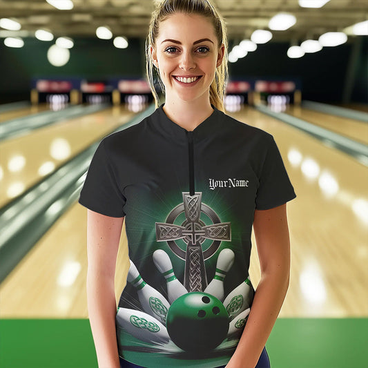 Custom Celtic Cross Faith Bowling Quarter-Zip Team Shirts For Women, Bowlers Outfits IPHW8574