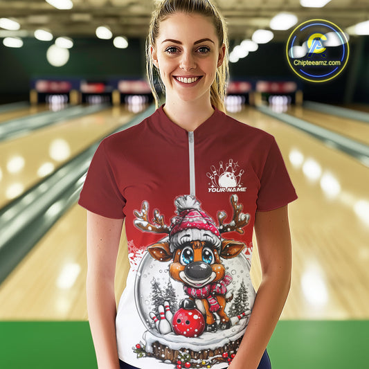Custom Cute Funny Reindeer Christmas Bowling Women Quarter-Zip Shirt, Xmas Bowling Shirt IPHW10114