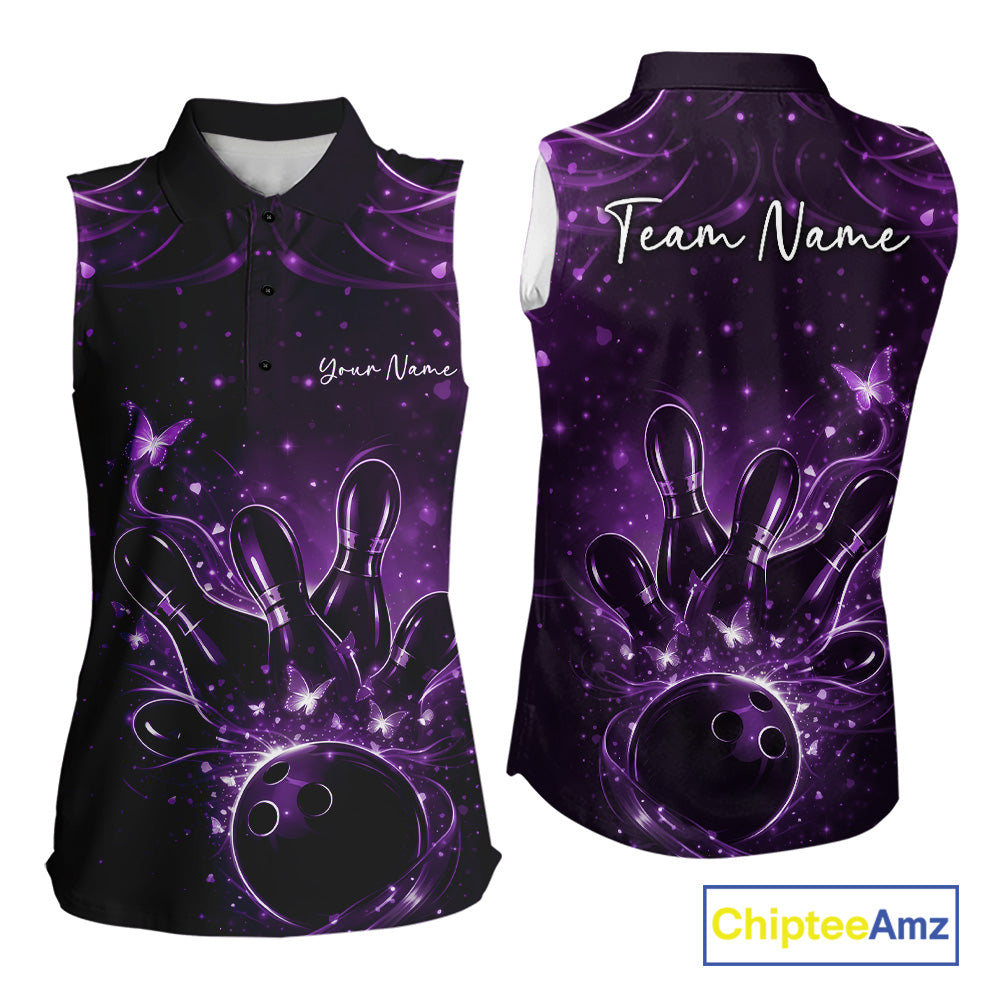 Front and back views of a womens sleeveless bowling shirt in black and purple featuring a bowling ball, pins, and glowing butterfly artwork.